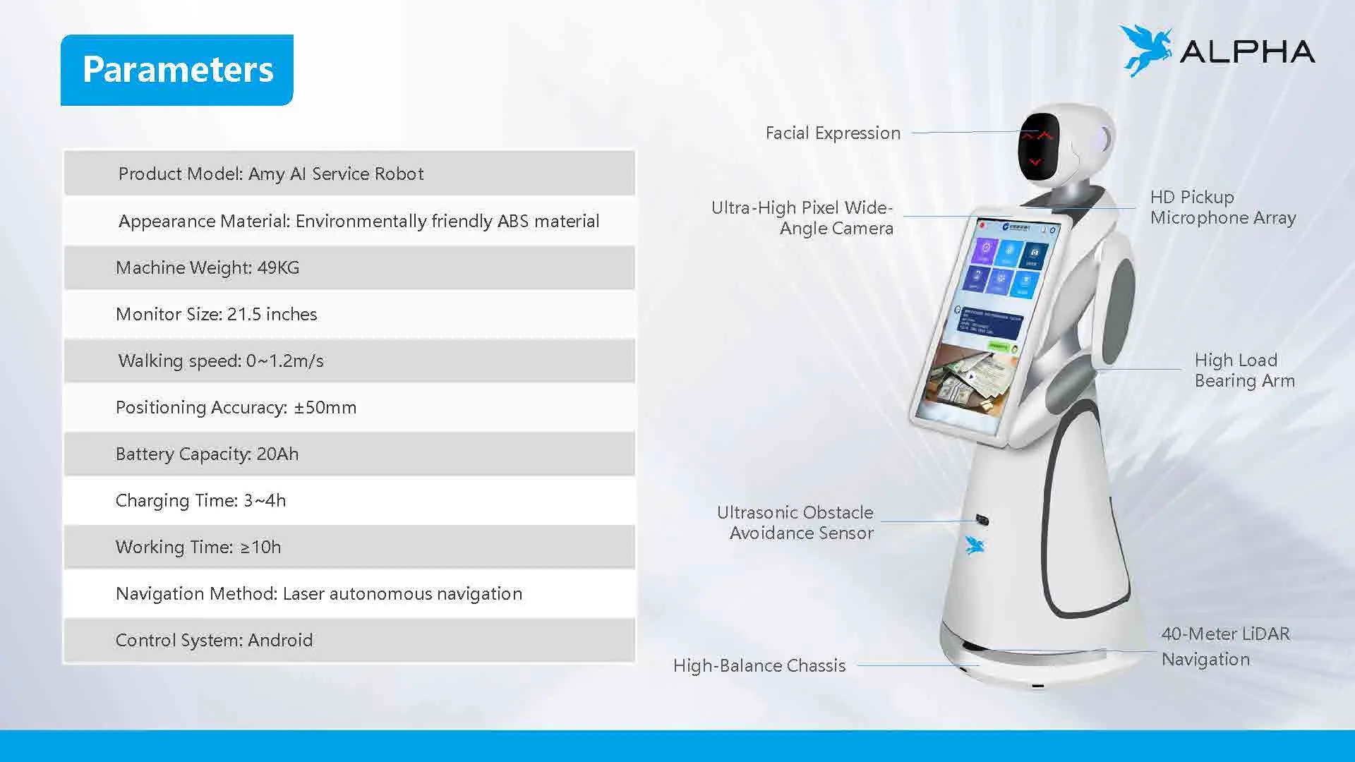 Robot Humanoid Alpha Robotics Amy untuk Pelayan Restoran Hotel Robot Layanan Cerdas Pengantar Makanan dengan 2 Baki(Gambar4) Robot Humanoid Alpha Robotics Amy untuk Pelayan Restoran Hotel Robot Layanan Cerdas Pengantar Makanan dengan 2 Baki(Gambar4)