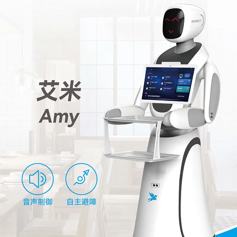 Robot umanoid Amy de la Alpha Robotics pentru restaurant, hotel, chelner, serviciu inteligent, robot de livrare a alimentelor cu 2 tăvi