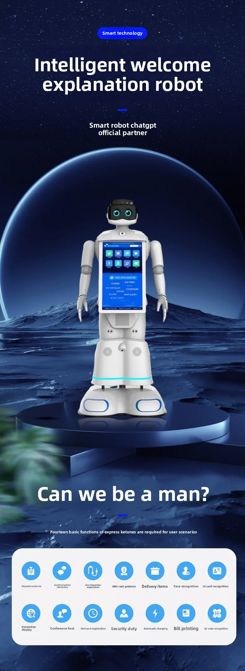Robot Resepsionis Komersial Humanoid dengan Interaksi Suara, Panduan Selamat Datang, dan Iklan untuk Penerimaan Interaktif(Gambar1) Robot Resepsionis Komersial Humanoid dengan Interaksi Suara, Panduan Selamat Datang, dan Iklan untuk Penerimaan Interaktif(Gambar1)