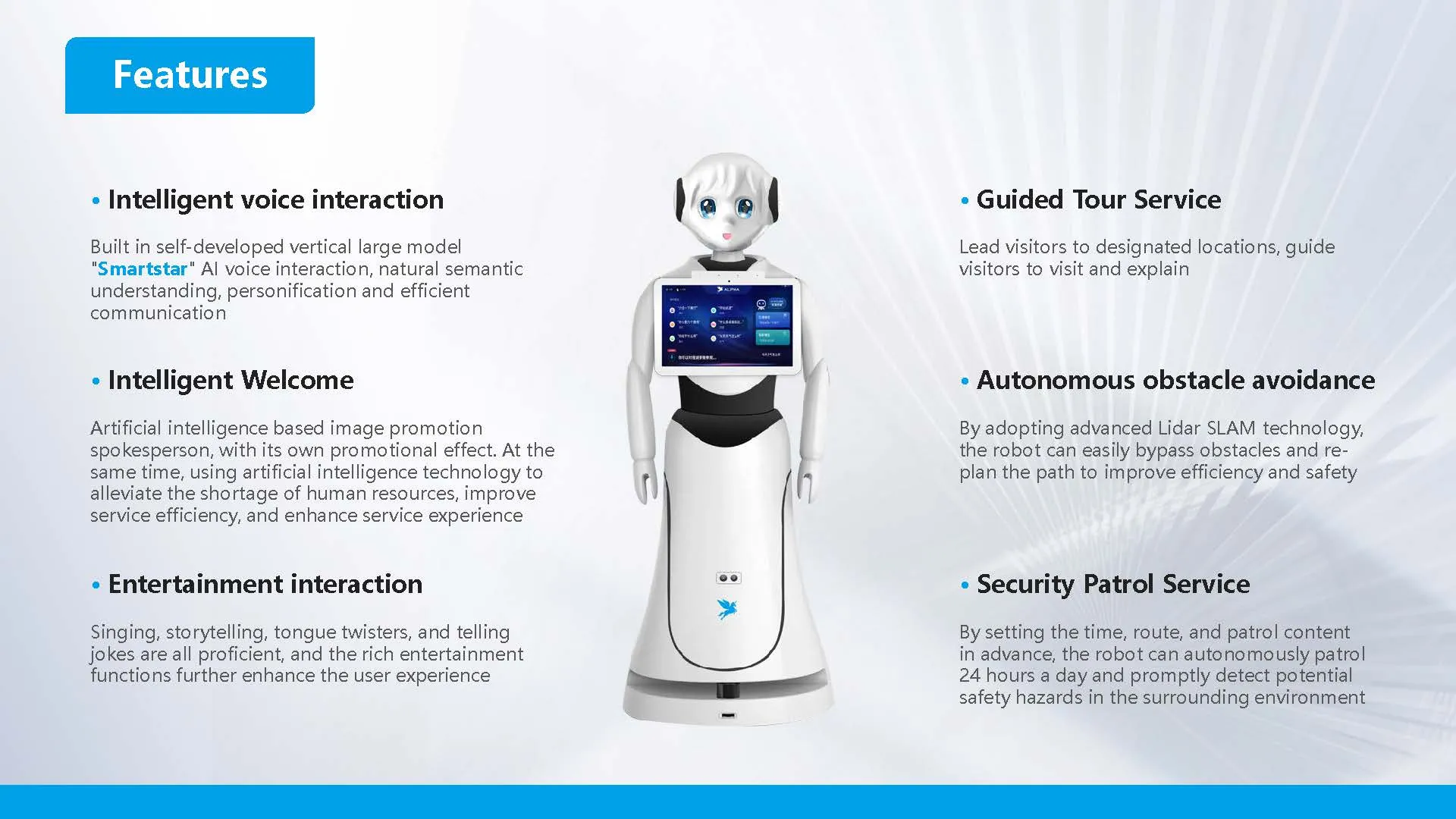 Visoka kontrola kvalitete Šarmantna Vješta Prilagodljiva Inteligentna Usluge Tumačenja i Recepcije Alice Recepcijski Robot(Slika3)